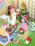  2girls absurdres anime_coloring aqua_shirt artist_request bandana baseball_cap biscuit_2 black_cat black_hair blonde_hair blue_eyes blue_hat bowl box brown_skirt cake cardboard_box cat chair christmas christmas_cake christmas_ornaments christmas_stocking christmas_tree christmas_wreath closed_lab_coat closed_mouth daruma_doll food from_above grey_eyes hat highres holding holding_wreath indoors kamakura_(nichijou) kokeshi kotatsu lab_coat long_hair long_skirt long_sleeves looking_at_another looking_at_object looking_to_the_side machine multiple_girls nichijou no_nose official_art on_chair on_stool orange_shorts outstretched_arms oversized_clothes paper_chain pet_bowl pink_sweater pom_pom_(clothes) poster_(object) professor_shinonome red_bandana robot sakamoto_(nichijou) santa_hat seiza shark_print shinonome_nano shirt short_hair short_sleeves shorts sideways_glance sitting skirt smile standing standing_on_chair stool stuffed_animal stuffed_toy sun_symbol sweater table third-party_source tree-topper winding_key wooden_stool wreath 