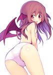  ass bat_wings blush from_behind head_wings koakuma long_hair looking_at_viewer looking_back minamura_haruki multiple_wings open_mouth panties red_eyes red_hair simple_background solo topless touhou underwear underwear_only white_background white_panties wings 