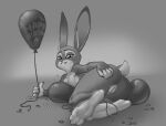 absurd_res anthro big_butt buckteeth butt digitigrade disney feet female genitals gloves_(marking) grey_background hi_res holding_balloon judy_hopps lagomorph leporid looking_at_viewer lying mammal markings monochrome mootsider on_side rabbit simple_background smile solo teeth thick_thighs vulva wide_hips zootopia
