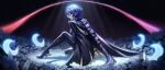  1girl absurdres arms_behind_back black_background black_cloak boots bound cloak closed_mouth crescent crescent_earrings earrings flower hair_over_one_eye highres jewelry kangg knee_up light_rays long_hair looking_at_viewer promeia_(zenless_zone_zero) purple_eyes purple_hair sitting solo thigh_boots very_long_hair white_flower zenless_zone_zero 