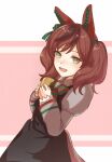  1girl animal_ears ao_(jiyou) black_dress blush bow bowtie brown_eyes brown_hair diagonal-striped_bow dress ear_bow ear_covers ear_ribbon green_bow green_bowtie highres holding horse_ears horse_girl horse_tail juliet_sleeves long_sleeves medium_hair multicolored_hair nice_nature_(poinsettia_ribbon)_(umamusume) nice_nature_(umamusume) open_mouth pinafore_dress puffy_sleeves shirt sleeveless sleeveless_dress smile solo streaked_hair striped_bow striped_bowtie striped_clothes tail twintails umamusume 