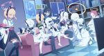 6+girls animal_ear_headphones animal_ears aqua_halo aris_(blue_archive) bandaged_hand bandages black_hair black_hairband black_mask black_skirt black_thighhighs blindfold blonde_hair blue_archive blue_necktie cat_ear_headphones cat_ears checkered_floor clenched_teeth colored_skin controller couch covered_eyes double-parted_bangs ein_(blue_archive) fake_animal_ears forehead game_controller game_development_department_(blue_archive) green_halo hair_between_eyes hair_over_one_eye hairband halo headphones highres holding holding_controller holding_game_controller indoors jacket kei_(blue_archive) kei_(new_body)_(blue_archive) long_hair long_hair_between_eyes low-tied_sidelocks malkuth_(blue_archive) mask meruki momoi_(blue_archive) monitor multicolored_jacket multiple_girls necktie ohr_(blue_archive) on_couch one_side_up open_mouth orange_halo pink_eyes pink_halo power_symbol rectangular_halo red_hair respirator ringed_eyes short_hair siblings sidelocks sisters sitting skirt sof_(blue_archive) symbol-shaped_pupils teeth thighhighs triplets twins two-tone_jacket white_hair white_jacket white_skin x-shaped_pupils yellow_eyes yellow_halo yuzu_(blue_archive) 