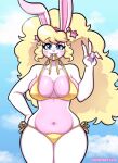 2025 anthro artist_name belly_overhang big_breasts big_hair bikini biped blonde_hair blue_eyes breasts buckteeth clothed clothed_anthro clothed_female clothing countershade_breasts countershade_torso countershading cupcake_(shyshyoctavia) digital_drawing_(artwork) digital_media_(artwork) eyebrows facial_markings female female_anthro gesture glistening glistening_breasts gold_bikini gold_swimwear golden_week hair hand_gesture hand_on_leg hand_on_own_leg hand_on_own_thigh hand_on_thigh head_markings heart_(marking) hi_res lagomorph leporid long_hair looking_at_viewer mammal markings multicolored_body navel pink_body pink_countershading rabbit raised_eyebrow shyshyoctavia side-tie_bikini solo standing string_bikini swimwear teeth text thick_thighs two-piece_swimsuit two_tone_body v_sign white_body