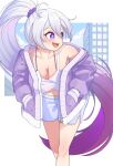  1girl absurdres blue_eyes bra_strap breasts cleavage commentary denim denim_shorts english_commentary gradient_hair hand_in_pocket high_ponytail highres honkai_(series) honkai_impact_3rd jacket kiana_kaslana kiana_kaslana_(herrscher_of_finality) large_breasts multicolored_hair ponytail purple_hair purple_jacket shorts smile solo tank_top two-tone_hair white_hair white_tank_top xian_dra1805 