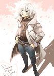  bad_id bad_pixiv_id blue_eyes castlevania castlevania:_dawn_of_sorrow hands_in_pockets long_coat looking_up male_focus shadow silver_hair solo soma_cruz trench_coat tsunajiru white_hair 