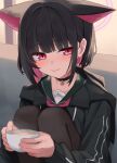  1girl absurdres animal_ears black_choker black_hair black_jacket blue_archive blunt_bangs blush brown_pantyhose cat_ears cat_girl choker closed_mouth colored_inner_hair commentary cup extra_ears halo highres holding holding_cup hood hood_down hooded_jacket jacket kazusa_(blue_archive) knees_to_chest long_sleeves looking_at_viewer multicolored_hair pantyhose pink_hair red_eyes rihitonn short_hair sidelocks sitting slit_pupils solo steam two-handed 