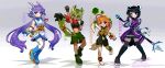  4girls animal_ears anklet arm_guards black_gloves black_hair black_jumpsuit black_skirt black_tank_top blue_boots blue_gloves boots carol_tea cat_ears cat_tail character_name chinese_knot cube dark-skinned_female dark_skin dog_tail earphones fingerless_gloves freedom_planet freedom_planet_2 gloves green_eyes green_hair green_shorts highres horns humanization jewelry jumpsuit long_animal_ears long_hair milla_basset multiple_girls neera_li orange_hair panda_ears pink_eyes polearm purple_eyes purple_hair pyochi romper sash_lilac short_hair shorts skirt sleeveless_jumpsuit tail tank_top twintails weapon white_gloves 