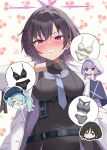  1girl armband atsuko_(blue_archive) belt black_gloves blue_archive blush breasts cherry_background clenched_teeth collared_shirt commission dress dress_over_shirt embarrassed gloves grey_dress grey_shirt half_gloves halo hand_up highres hiyori_(blue_archive) jacket large_breasts looking_at_viewer loose_necktie misaki_(blue_archive) necktie nose_blush parted_lips piyobomu purple_armband purple_eyes purple_hair purple_halo purple_necktie second-party_source shirt short_braid speech_bubble spoken_clothes spoken_object subaru_(blue_archive) teeth underbust white_background white_jacket 