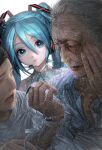  1other 2girls aqua_eyes aqua_hair aqua_necktie collared_shirt commentary_request crying eyeshadow faceless fingernails furrowed_brow grey_hair grey_shirt hair_between_eyes hair_ornament hatsune_miku headset highres hospital_gown huli_xiaobai intravenous_drip makeup multiple_girls necktie nurse old old_woman shirt snot twintails vocaloid white_background wrinkled_skin 