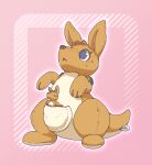 ambiguous_gender bodily_fluids brown_body brown_fur button_(fastener) duo fabric feral frozen_expression fur hair hi_res implied_transformation inanimate_transformation kangaroo kangaroo_tail kareha_21909 macropod mammal marsupial plushie plushie_tag plushification pouch_(anatomy) seam_(sewing) simple_background sweat tan_body tan_fur transformation