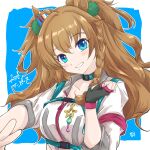  1girl animal_ears asymmetrical_jacket blast_onepiece_(racing)_(umamusume) blast_onepiece_(umamusume) blue_eyes blush braid breasts brown_hair character_name collarbone commentary_request fingerless_gloves gloves grin hair_between_eyes hair_ornament highres horse_ears horse_girl jacket long_hair looking_at_viewer medium_breasts open_mouth panch4989new smile solo teeth twintails umamusume upper_body white_jacket 
