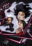  1boy abs black_background black_hair clenched_hands clenched_teeth gear_fourth gear_fourth:_snakeman hagoromo hair_up haki_(one_piece) highres male_focus missing_tooth monkey_d._luffy one_piece red_shirt red_shorts scar scar_on_chest shawl sherumaru_(korcht06) shirt shorts signature simple_background solo teeth 