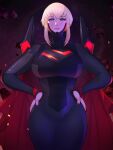  1girl absurdres alternate_breast_size_(larger) black_nails blonde_hair blue_eyes bodysuit breasts cape commentary cowboy_shot dc_comics english_commentary hands_on_own_hips highres large_breasts looking_at_viewer my_adventures_with_superman night short_hair sky solo sparks supergirl superhero_costume superman_(series) superman_logo xuuikie_ashe 
