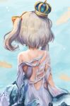  1girl absurdres animal_print back bare_shoulders blonde_hair blue_crown bow bowtie crown dress fish fish_print goldfish hair_bow highres marimari_(vtuber) mini_crown orange_bow orange_bowtie phase_connect short_hair side_ponytail solo uwquarii virtual_youtuber 