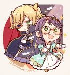  2girls :d aqua_dress black_cape black_dress blonde_hair blush border cape chibi chibi_only christine_daae christine_daae_(cosplay) closed_mouth collared_cape commentary_request copyright_name cosplay daiba_nana dress earrings erik_(phantom_of_the_opera) erik_(phantom_of_the_opera)_(cosplay) eye_mask falling_feathers feathers french_text frilled_cape full_body glasses gloves gold_tiara green_eyes hair_ornament half_eye_mask half_mask hand_on_own_chest hoshimi_junna irregular_border jewelry layered_dress leaning_to_the_side legs_apart legs_together light_frown long_dress long_hair long_sleeves looking_ahead looking_down low_side_ponytail mask mask_over_one_eye multiple_girls mystical_high_collar necklace one_eye_covered open_mouth outside_border outstretched_arm phantom_of_the_opera puffy_short_sleeves puffy_sleeves purple_hair shoes short_dress short_hair short_sleeves short_twintails shoujo_kageki_revue_starlight shoujo_kageki_revue_starlight_-re_live- side_ponytail smile sparkle spotlight standing taneda_yuuta twintails two-tone_dress white_border white_dress white_gloves wide_sleeves yellow-framed_eyewear yellow_shoes yellow_trim 