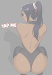  1girl absurdres ass backless_leotard black_leotard black_thighhighs bleach bleach:_sennen_kessen-hen cat dark-skinned_female dark_skin english_commentary english_text from_behind highres leotard long_hair looking_at_viewer meme official_alternate_costume parted_bangs partially_invisible ponytail purple_hair shihouin_yoruichi shiny_skin simple_background smile solo squatting stayaliveplz tap_me_(meme) thighhighs thighs yellow_eyes 