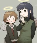  >_< 2girls angel angel_wings black_coat black_eyes black_hair blush brown_hair cigarette closed_eyes coat commentary_request dress feathered_wings green_background haibane_renmei halo highres holding holding_cigarette jewelry long_hair long_sleeves messy_hair multiple_girls necklace no_pupils open_mouth pom_pom_(clothes) rakka_(haibane_renmei) red_dress reki_(haibane_renmei) short_hair simple_background smoke smoking static_cling sweater sweater_vest takurada traditional_halo turtleneck turtleneck_sweater upper_body wince wing_covers wings 