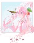  1girl animal artist_name bird bird_on_hand blue_sky border cherry_blossoms cherry_hair_ornament collared_shirt commentary detached_sleeves double-parted_bangs falling_petals fast_forward_button food-themed_hair_ornament green_bird hair_ornament hand_up hatsune_miku highres looking_at_animal media_player_interface necktie oeoi_t official_alternate_costume open_mouth outdoors outside_border petals pink_eyes pink_hair pink_nails pink_necktie pink_petals pink_shirt pink_sleeves pink_trim play_button rewind_button sakura_miku shirt sidelocks sky sleeveless sleeveless_shirt smile solo twintails twitter_username untranslatable_commentary upper_body vocaloid white_border white_trim wind 