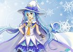  bad_id bad_pixiv_id blue_eyes blue_hair cape fingerless_gloves gloves hair_ribbon hand_on_hip hat hatsune_miku highres long_hair looking_at_viewer open_mouth reki_(lichk) ribbon skirt snowflakes solo suki!_yuki!_maji_magic_(vocaloid) twintails very_long_hair vocaloid wand witch_hat yuki_miku 