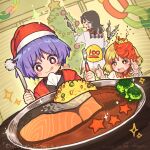  +_+ 3girls :q absurdres animal_on_head baby_animal bird bird_on_head black_hair blonde_hair bright_pupils chick christmas_tree commentary_request dutch_angle fish_(food) food hangaku_th highres kijin_seija multicolored_hair multiple_girls niwatari_kutaka on_head purple_hair red_eyes red_hair short_hair speech_bubble star_(symbol) streaked_hair sukuna_shinmyoumaru thumbs_up tongue tongue_out touhou two-tone_hair white_hair white_pupils 