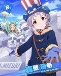  :&lt; america gloves grey_hair handa_roko hat idolmaster idolmaster_million_live! looking_at_viewer makabe_mizuki mount_rushmore multiple_girls official_art silver_hair snow snow_sculpture statue_of_liberty top_hat twintails yellow_eyes 