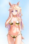  1girl absurdres animal_ears barefoot bikini blonde_hair blue_eyes blush breasts cleavage closed_mouth collarbone commentary_request full_body gold_bikini groin hair_ornament highres horse_ears horse_tail kimlarno_nazzo medium_breasts navel simple_background smile solo swimsuit tail umamusume victoire_pisa_(umamusume) 