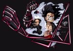  1boy abs black_background black_hair clenched_hands clenched_teeth dated full_body gear_fourth gear_fourth:_snakeman hagoromo hair_up haki_(one_piece) highres male_focus missing_tooth monkey_d._luffy one_piece red_shirt red_shorts scar scar_on_chest shawl sherumaru_(korcht06) shirt shorts signature simple_background solo teeth 