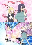  2girls absurdres ahoge arrow_(symbol) black_shirt blonde_hair blue_shorts cho_kaguya-hime! closed_eyes commentary emphasis_lines facepalm facing_another flying_sweatdrops green_shirt heart heart_ahoge heart_background highres jo-star-1123 kaguya_(cho_kaguya-hime!) mole mole_under_eye multiple_girls open_mouth own_hands_clasped own_hands_together sakayori_iroha shirt short_sleeves shorts smile yuri 