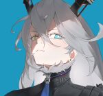  1girl annoyed black_coat black_horns blue_background close-up closed_mouth coat drkhaeng94612 ear_piercing english_commentary fur-trimmed_coat fur_trim grey_fur hair_between_eyes heterochromia highres horns long_hair long_sleeves looking_at_viewer looking_down looking_to_the_side piercing shaded_face side_ahoge simple_background solo star-shaped_pupils star_(symbol) sunbringer_(zenless_zone_zero) symbol-shaped_pupils upper_body wavy_hair zenless_zone_zero 