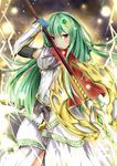  aqua_hair athena_(p&amp;d) bad_id bad_pixiv_id belt dress hair_ornament hairclip konka long_hair looking_at_viewer no_headwear no_helmet polearm puzzle_&amp;_dragons red_eyes solo spear weapon white_dress 