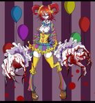  1girl balloon blood breasts claws cleavage clown female horns letterboxed makeup monster_girl original red_hair sangyou_haikibutsu_(turnamoonright) short_hair smile solo thighhighs tongue tongue_out white_skin yellow_eyes 