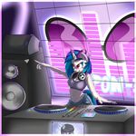  absurd_res anthro anthrofied blue_hair breasts cleavage clothed clothing equine eyewear female friendship_is_magic glasses hair headphones hi_res horse mammal musical_note my_little_pony octavia_(mlp) pointing pony purple_eyes record_player sound_bars speakers standing sunglasses turntable two_tone_hair vicse vinyl_scratch_(mlp) 