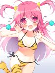  1girl :d ahoge alternate_costume angel_beats! animal_print ass_visible_through_thighs bikini blush breasts breasts_apart cameltoe claw_pose collarbone commentary_request cowboy_shot eyes_visible_through_hair fang floating_hair hair_between_eyes hair_bobbles hair_ornament halterneck hands_up haruchimo highres long_hair looking_at_viewer navel open_mouth pink_hair red_eyes side-tie_bikini_bottom sidelocks simple_background small_breasts smile solo stomach swimsuit tareme thigh_gap tiger_print tiger_print_bikini tiger_print_thighhighs tiger_stripes two_side_up v-shaped_eyebrows very_long_hair white_background yellow_bikini yui_(angel_beats!) 