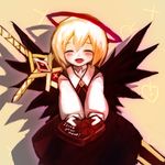  :d ^_^ black_skirt black_wings blonde_hair blouse closed_eyes english ex-rumia fang giving halo heart highres huge_weapon incoming_gift open_mouth rumia short_hair skirt smile spark621 sword touhou vest weapon wings 