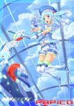 :d blue_eyes boots day gloves green_legwear hat highres hover_bike kazeno open_mouth papico_(ice_cream) personification ramune shirt short_shorts shorts sky smile thigh_boots thighhighs twintails white_gloves white_legwear 