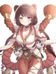  1girl :< absurdres animal_ears banken_(inui_toko) bell blush breasts brown_collar brown_hair cleavage closed_mouth clothing_cutout collar collarbone commentary_request cowboy_shot crop_top dog_ears flower frilled_shirt frills frown hair_flower hair_ornament heterochromia highres hip_vent inui_toko inui_toko_(valkyrie_hero) jingle_bell large_breasts long_hair looking_at_viewer low_twintails maid_headdress neck_bell nijisanji panty_straps pendant_collar red_eyes red_pupils red_skirt rope shimenawa shirt shoulder_cutout side_slit simple_background skirt take_666 twintails very_long_hair virtual_youtuber white_background white_headdress white_shirt yellow_eyes 