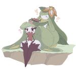  2girls avocado_539 closed_eyes colored_skin crown flower full_body gold_crown green_hair green_skin hair_flower hair_ornament heart lilligant long_hair looking_at_another mini_crown monster_girl multicolored_skin multiple_girls orange_flower pink_flower plant_girl plant_hair pokemon pokemon_(creature) purple_eyes purple_thighhighs simple_background sitting standing swept_bangs thighhighs tri_tails tsareena two-tone_skin white_background white_skin yellow_crown 