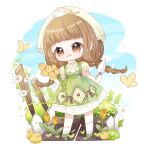  1girl :3 :q animal animal_on_head asymmetrical_legwear baby_animal bare_arms bird bird_on_head blue_sky blunt_bangs border bouquet bow braid brown_bow brown_eyes brown_hair bug bush butterfly chibi chick chinese_commentary choker closed_mouth cloud commentary_request country_lolita day dot_nose dress dress_bow eyelashes fence fern flower garden green_dress green_shoes happy headscarf highres holding holding_bouquet holding_shovel infinity_nikki kneehighs kwsomeone leaf light_blush light_particles lolita_fashion long_hair looking_ahead loose_hair_strand low_twin_braids medium_dress nikki_(series) on_head outdoors outside_border pinafore_dress plant pleated_dress puffy_short_sleeves puffy_sleeves shirt shoes short_sleeves shovel sky sleeveless sleeveless_dress smile socks solo sparkle spring_blossom_(infinity_nikki) sprout standing tareme tongue tongue_out tulip twin_braids very_long_hair vines white_border white_choker white_flower white_headscarf white_shirt white_socks yellow_butterfly yellow_flower 