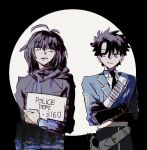  2boys annoyed belt black_hair black_necktie cowboy_shot crossed_arms fate/grand_order fate_(series) fujimaru_ritsuka_(male) fujimaru_ritsuka_(male)_(clan_calatin) grimace holding holding_sign hood hood_down hoodie lapels looking_at_another medium_hair multiple_boys necktie neho_(neho2f) notched_lapels oberon_(fate) oberon_(moody_summer_oberon)_(fate) oberon_(third_ascension)_(fate) sash short_hair sign sketch smirk smug spotlight 