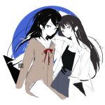  2girls bang_dream! bang_dream!_it's_mygo!!!!! black_hair black_shirt blue_eyes brown_dress brown_hair commentary dress hand_up highres jacket leaning_on_person long_hair looking_at_viewer multiple_girls qr_code shiina_taki shirt simple_background white_background white_jacket yahata_umiri zhangji318969 