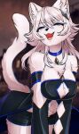  1girl animal_ear_fluff animal_ears animal_nose bare_shoulders black_coat black_shorts black_sleeves blue_choker blue_eyes blue_gem blue_trim blurry blurry_background blush body_fur breasts brooch cat_ears cat_girl cat_tail chest_tuft choker cleavage cleavage_cutout clothing_cutout coat cowboy_shot facing_viewer fangs furry furry_female gem half-closed_eyes hanging_breasts highres indie_virtual_youtuber jewelry large_breasts medium_hair nyova_nebula nyovanebula off_shoulder open_mouth seductive_smile short_shorts shorts sidelocks smile snout solo standing tail tongue virtual_youtuber white_fur white_hair 
