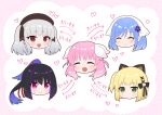 5girls ^_^ animal_ears arrow_(symbol) beret black_bow blonde_hair blue_hair blunt_bangs blush border bow brown_hat cat_ears closed_eyes closed_mouth colored_inner_hair commentary_request expressionless flower gekka_(prima_doll) green_eyes grey_hair hair_between_eyes hair_bobbles hair_bow hair_flower hair_ornament haizakura_(prima_doll) happy hat head_only headscarf heart houkiboshi_(prima_doll) karasuba_(prima_doll) long_hair looking_at_viewer lovestruck multicolored_hair multiple_girls nakamura_hinato one_side_up open_mouth pink_border pink_hair polka_dot polka_dot_background ponytail prima_doll_(anime) purple_eyes purple_flower purple_streaks red_eyes retzel_(prima_doll) simple_background smile split_mouth streaked_hair translation_request twintails two-tone_hair two_side_up white_background white_headscarf x_hair_ornament 