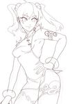  bracelet breasts china_dress chinese_clothes dress hand_on_hip inuhiko_(istdog) jewelry lineart ling_xiaoyu medium_breasts monochrome no_bra short_dress sideboob sketch smirk solo tattoo tekken thighhighs twintails 