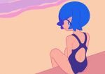  1girl absurdres back backless_outfit beach blue_eyes blue_hair blue_one-piece_swimsuit bright_pupils child commentary english_commentary flat_color highres lana_(pokemon) looking_at_viewer looking_back no_sclera no_shadow noxtwice one-piece_swimsuit pokemon pokemon_sun_and_moon racerback sand short_hair sitting smile solo swimsuit tareme warm_colored white_pupils 