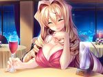  1girl alcohol aozora_stripe blonde_hair blush breasts drill_hair eyes_closed game_cg glass hair_intakes large_breasts long_hair open_mouth osakabe_mahiro piromizu smile solo very_long_hair wine 