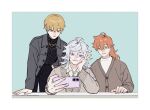  3boys animal_print blonde_hair bored brown_sweater fate/grand_order fate_(series) gilgamesh_(caster)_(fate) gilgamesh_(fate) green_eyes hand_rest head_rest leopard_print long_sleeves merlin_(fate) multiple_boys nervous open_clothes open_shirt orange_hair purple_eyes red_eyes romani_archaman selfie smile someki_noi sweater turtleneck upper_body v 