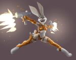 absurd_res anthro bikini black_eyes breasts buckteeth clothing dual_wielding feet female front_view fur gold_armwear gold_bikini gold_thigh_highs golden_week grey_background grey_body grey_fur gun hi_res holding_gun holding_object holding_ranged_weapon holding_weapon lagomorph leporid mammal mootsider open_mouth open_smile pink_nose rabbit ranged_weapon simple_background small_breasts smile solo swimwear teeth two-piece_swimsuit weapon white_body white_fur