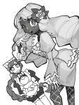  2girls :d apron ascot blunt_bangs braid braided_ponytail dark-skinned_female dark_skin fascinator fishnet_pantyhose fishnets frilled_ascot frills glove_bow highres jacinthe_(pokemon) juliet_sleeves lebanne_(pokemon) long_braid long_hair long_sleeves looking_at_viewer low_drills maid_apron maid_headdress monochrome multiple_girls one_eye_closed open_mouth pantyhose pokemon pokemon_legends:_z-a puffy_sleeves simple_background smile standing upper_body white_background yametene50 