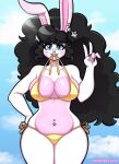 2025 alternative_fashion anthro artist_name belly_overhang big_breasts big_hair bikini biped black_eyeshadow black_hair blue_eyes breasts buckteeth clothed clothed_anthro clothed_female clothing countershade_breasts countershade_torso countershading cupcake_(shyshyoctavia) digital_drawing_(artwork) digital_media_(artwork) eyebrows eyeshadow facial_markings facial_piercing female female_anthro gesture glistening glistening_breasts gold_bikini gold_swimwear golden_week goth hair hand_gesture hand_on_leg hand_on_own_leg hand_on_own_thigh hand_on_thigh head_markings heart_(marking) hi_res lagomorph leporid long_hair looking_at_viewer makeup mammal markings multicolored_body navel navel_piercing nose_piercing nose_ring piercing pink_body pink_countershading rabbit raised_eyebrow ring_piercing shyshyoctavia side-tie_bikini solo standing string_bikini swimwear teeth text thick_thighs two-piece_swimsuit two_tone_body v_sign white_body