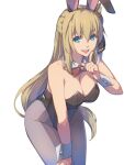  1girl agnes_claudel animal_ears bare_shoulders bent_over black_leotard black_ribbon blonde_hair blue_eyes breasts chiharu_(9654784) chinese_zodiac cleavage collarbone commentary_request detached_collar eiyuu_densetsu finger_to_mouth grey_pantyhose hair_ribbon hand_on_own_knee happy_new_year highres kuro_no_kiseki_(series) large_breasts leotard long_hair nengajou new_year open_mouth pantyhose playboy_bunny rabbit_ears ribbon shushing simple_background smile solo strapless strapless_leotard very_long_hair white_background wrist_cuffs year_of_the_rabbit 